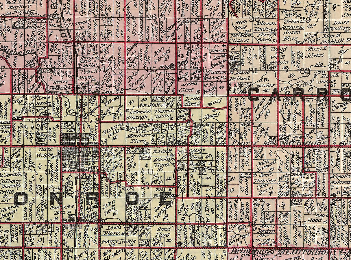 1898 Farm Line Map of Carroll County Indiana