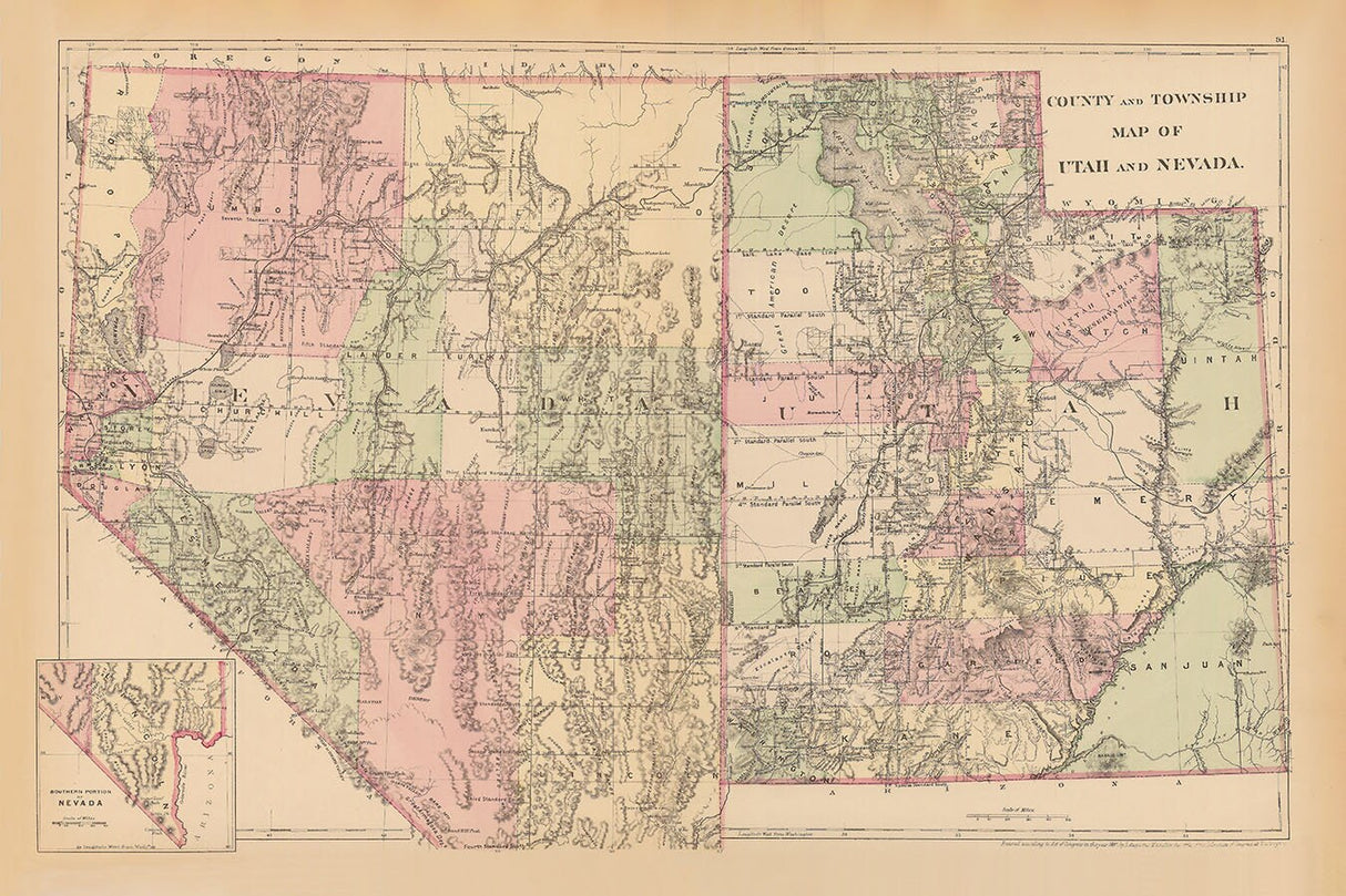 1881 County and Township Map of Utah and Nevada