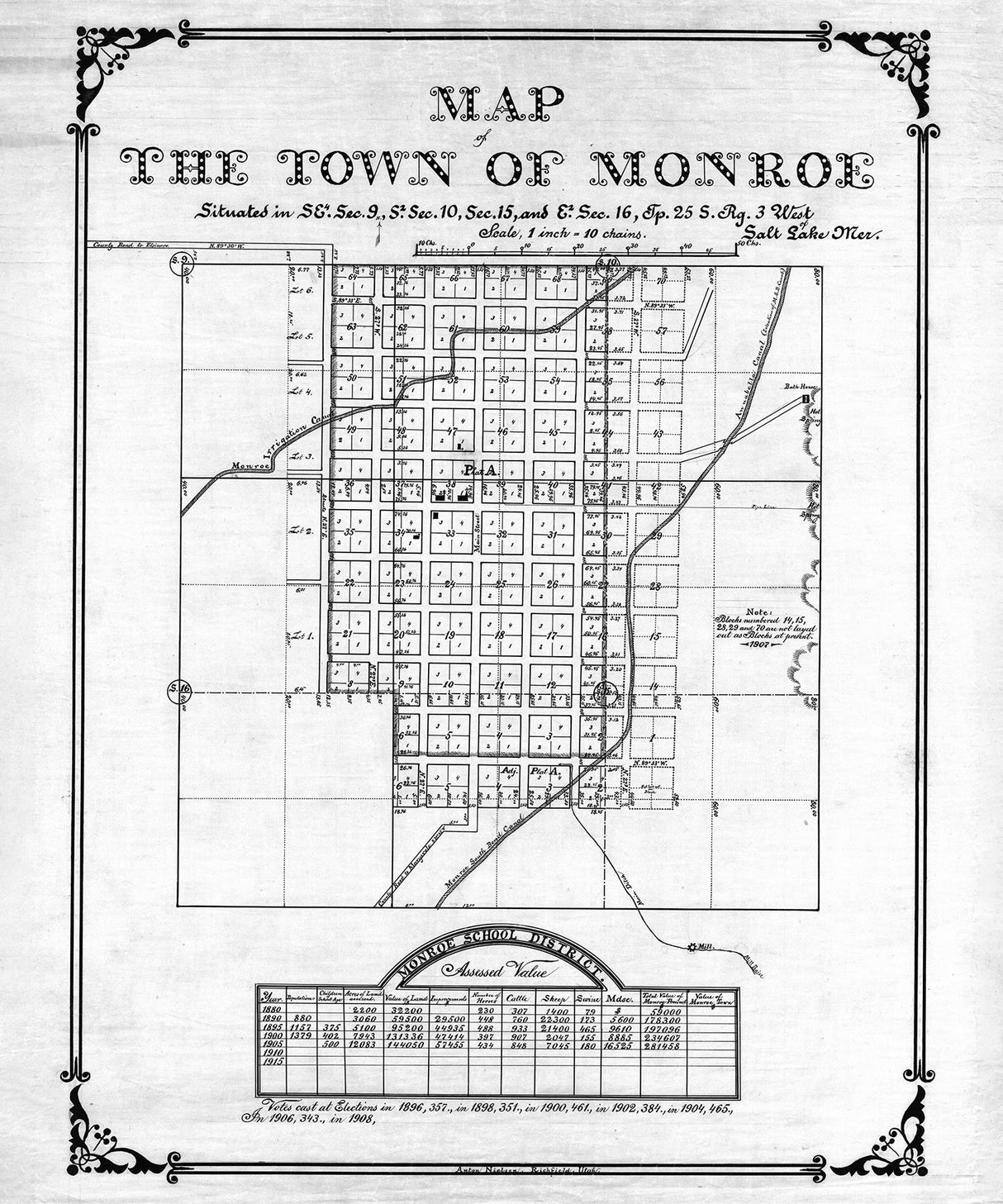 1915 Map of the Town of Monroe Sevier County Utah