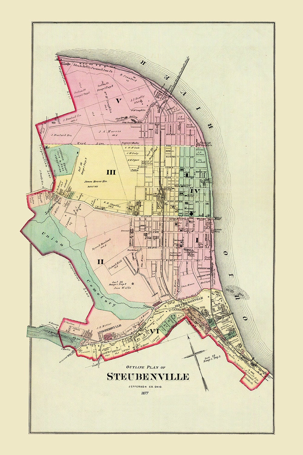 1877 Town Map of Steubenville Jefferson County Ohio