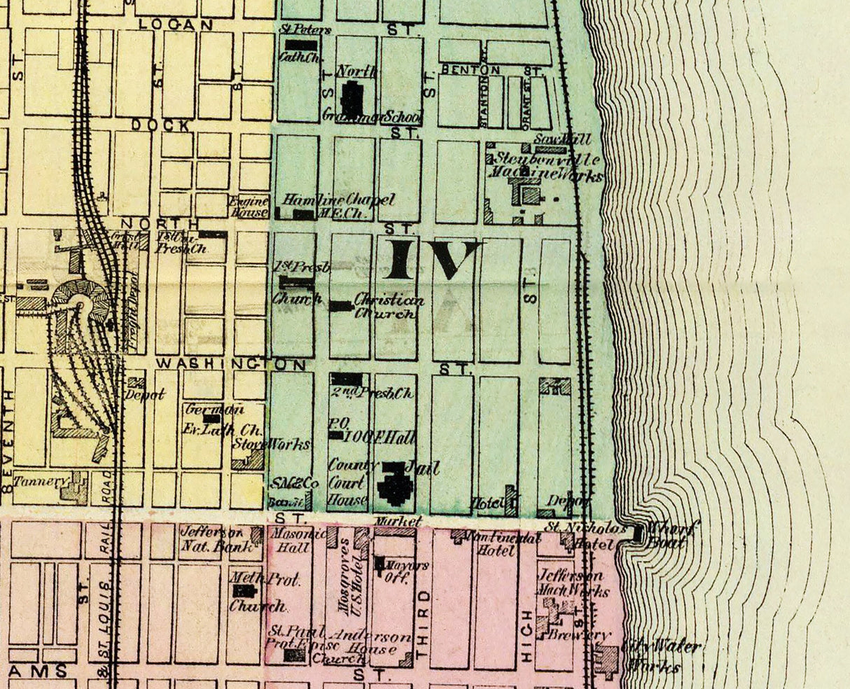 1877 Town Map of Steubenville Jefferson County Ohio