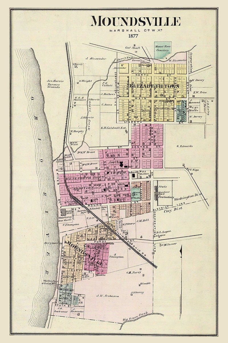 1877 Map of Moundsville Marshall County West Virginia