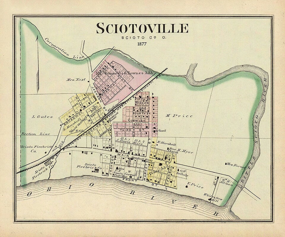 1877 Town Map of Sciotoville Scioto County Ohio