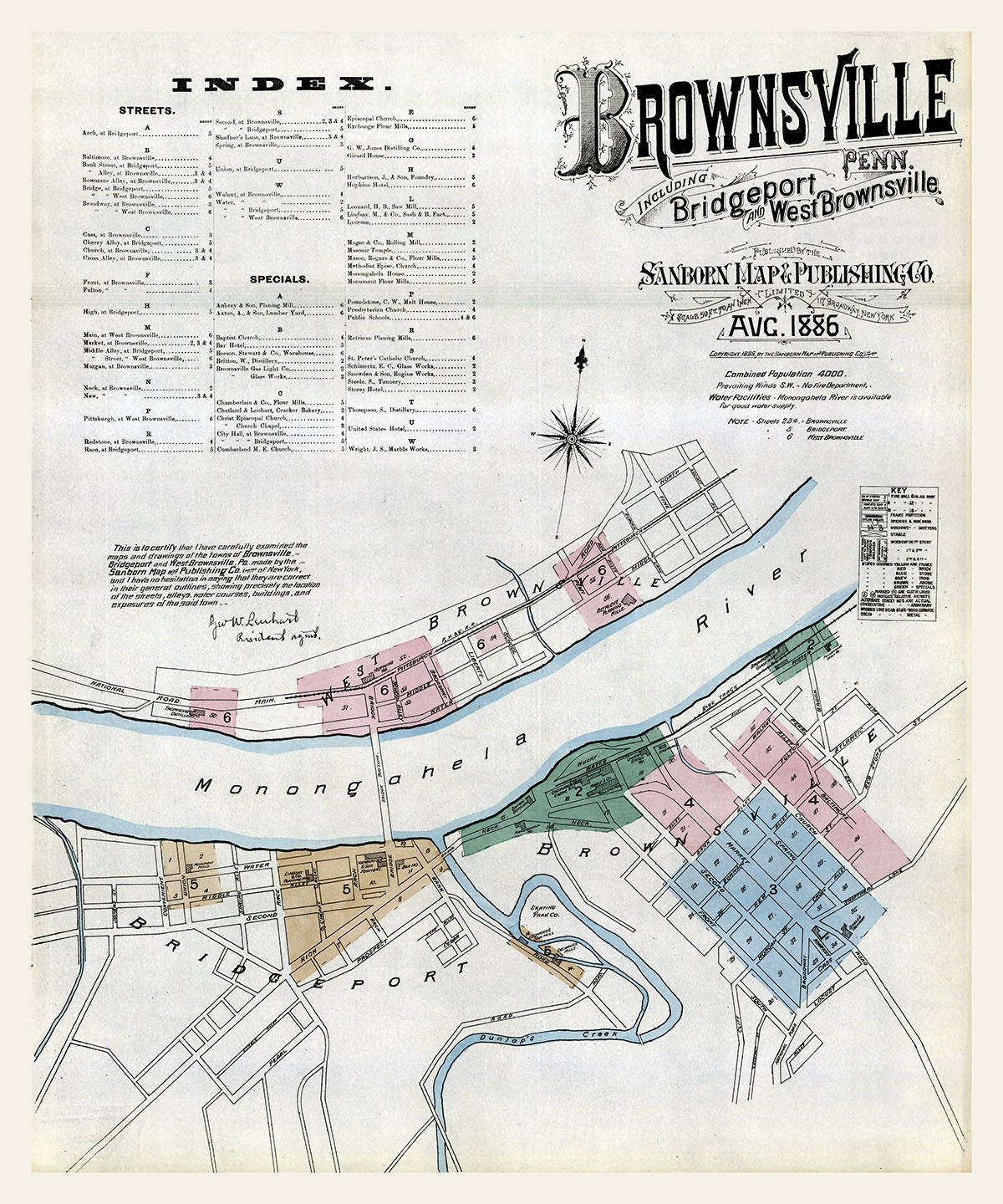 1886 Town Map of Brownsville Fayette County Pennsylvania