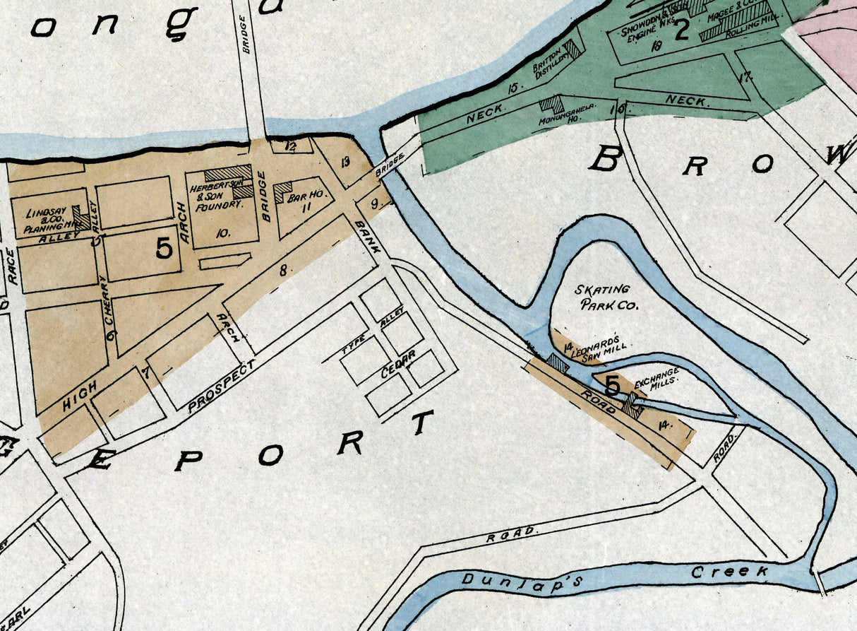 1886 Town Map of Brownsville Fayette County Pennsylvania