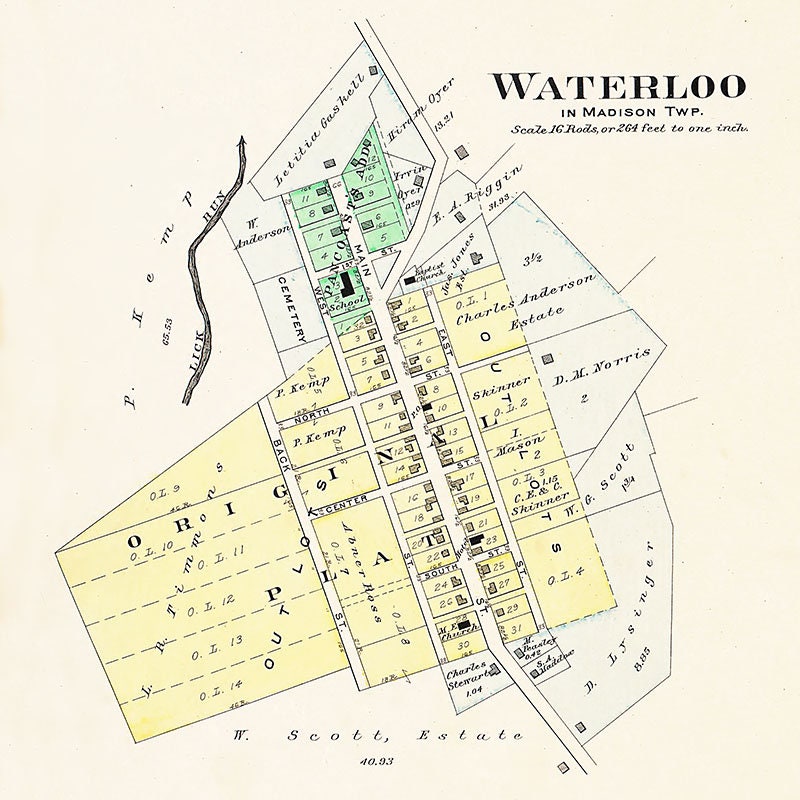 1913 Town Map of Waterloo Fayette County Ohio