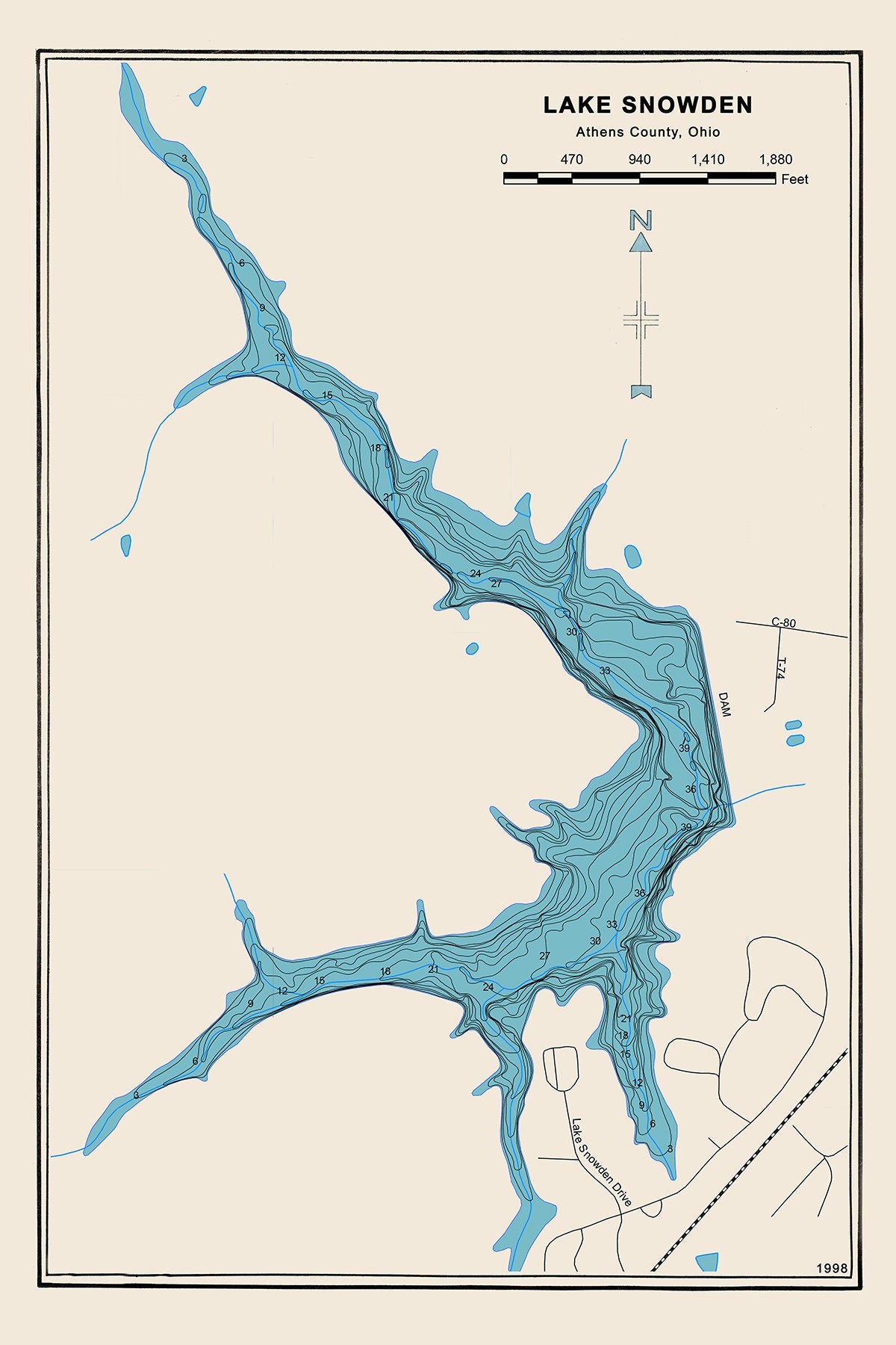 1998 Map of Lake Snowden Athens County Ohio