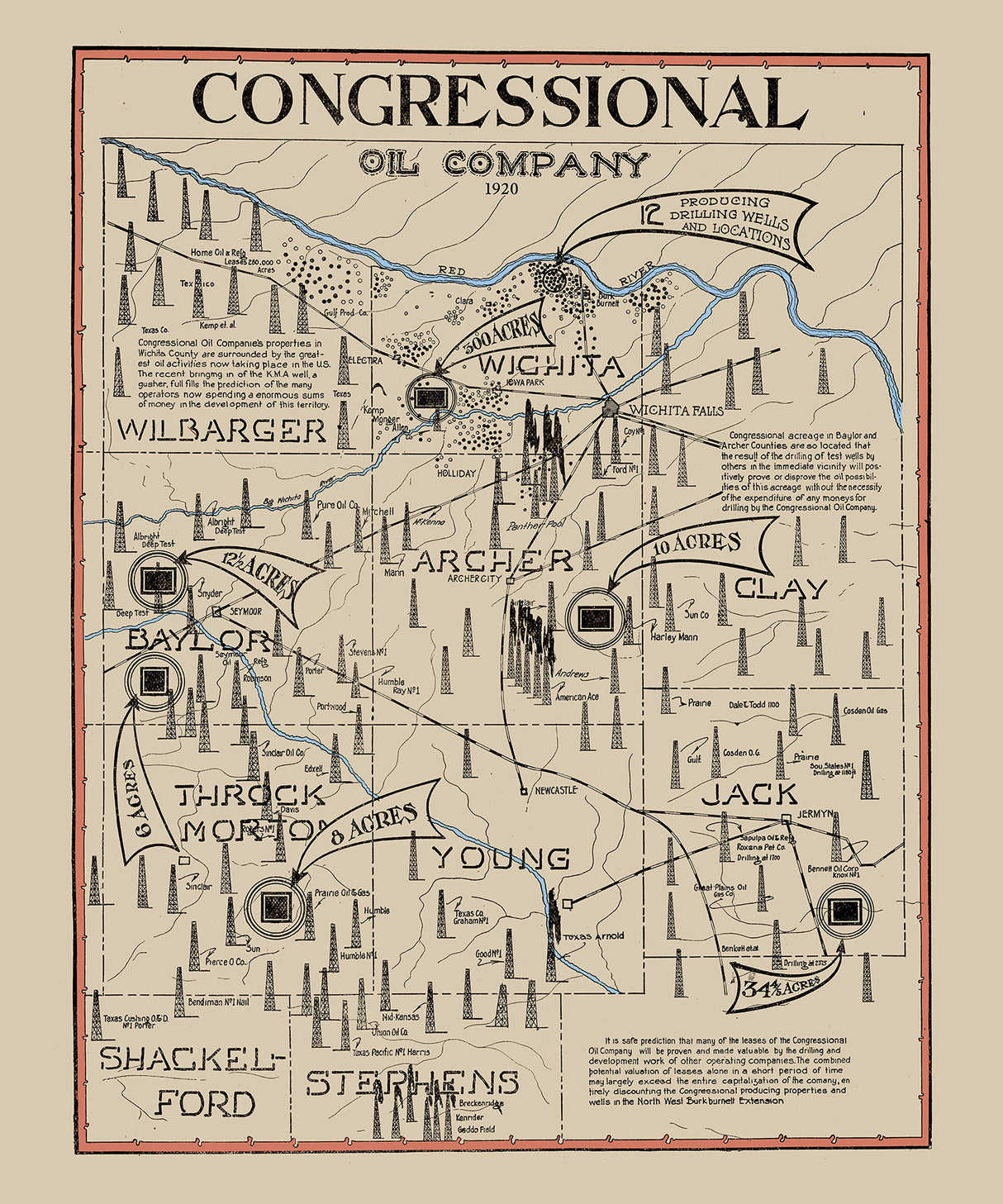 1920 Oil Field Map of North Texas Counties