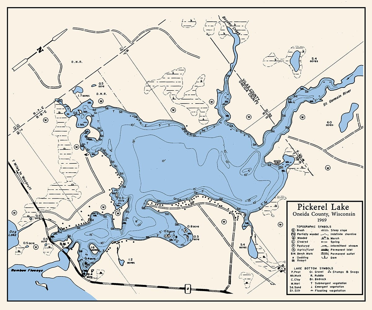 1969 Map of Pickerel Lake Oneida County Wisconsin