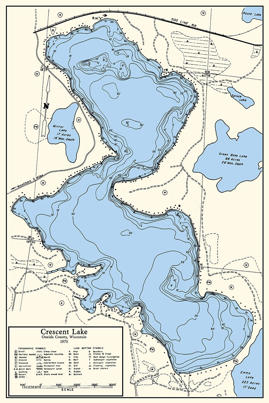 1975 Map of Crescent Lake Oneida County Wisconsin