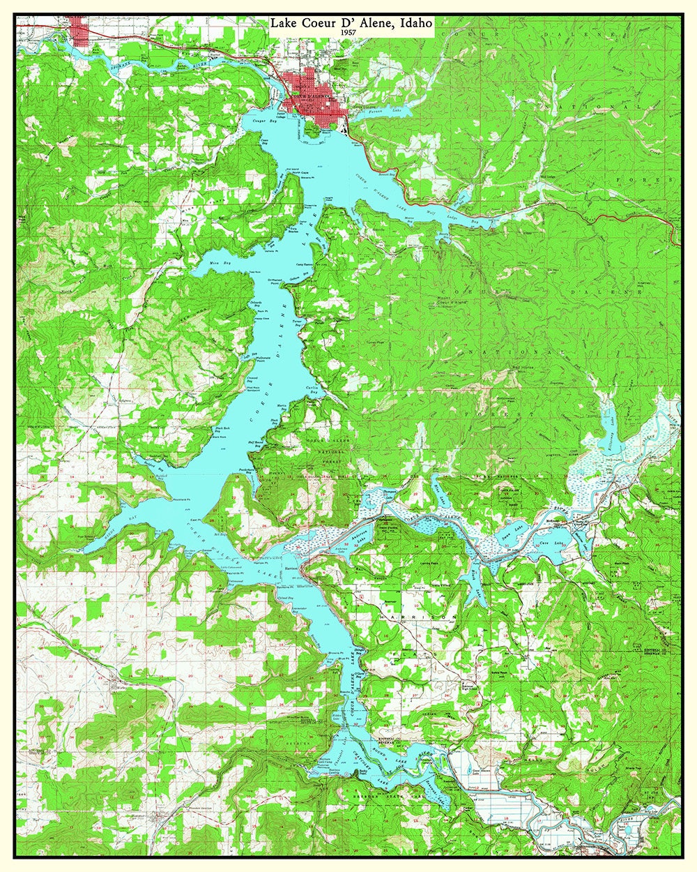 1957 Map of Lake Coeur D'Alene Idaho