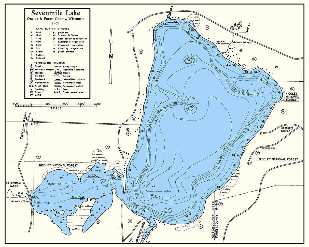 1967 Map of Sevenmile Lake Oneida and Forest County Wisconsin