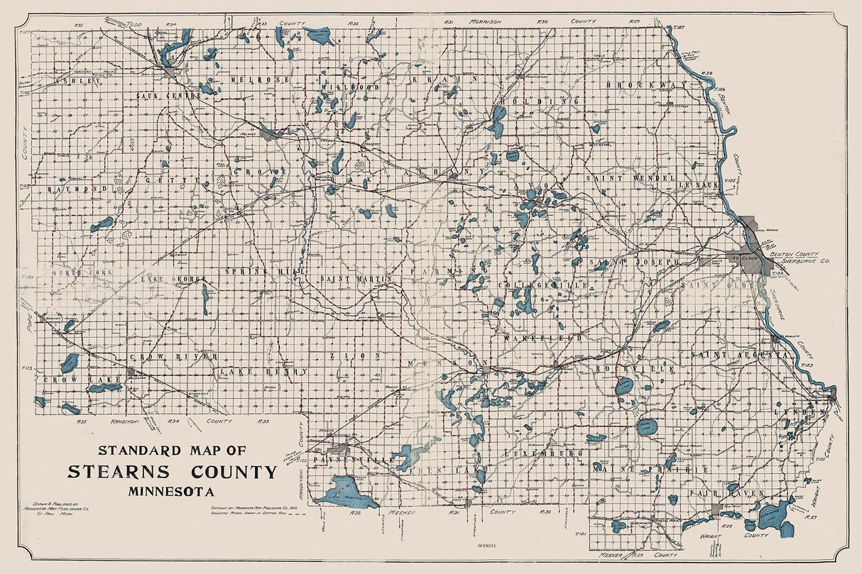 1913 Map of Stearns County Minnesota