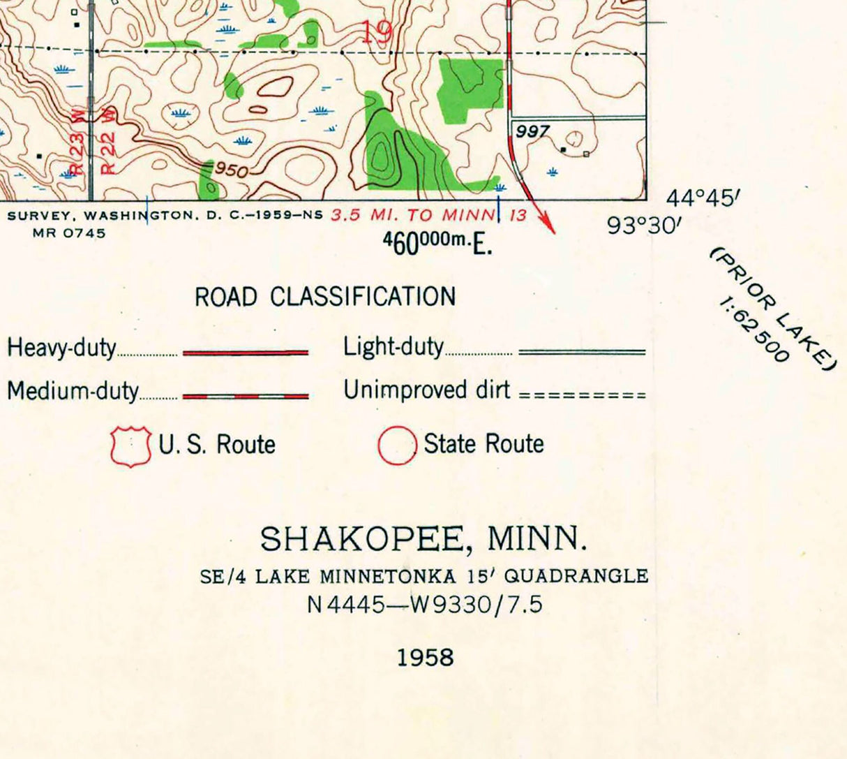 1958 Topo Map of Shakopee Minnesota Quadrangle
