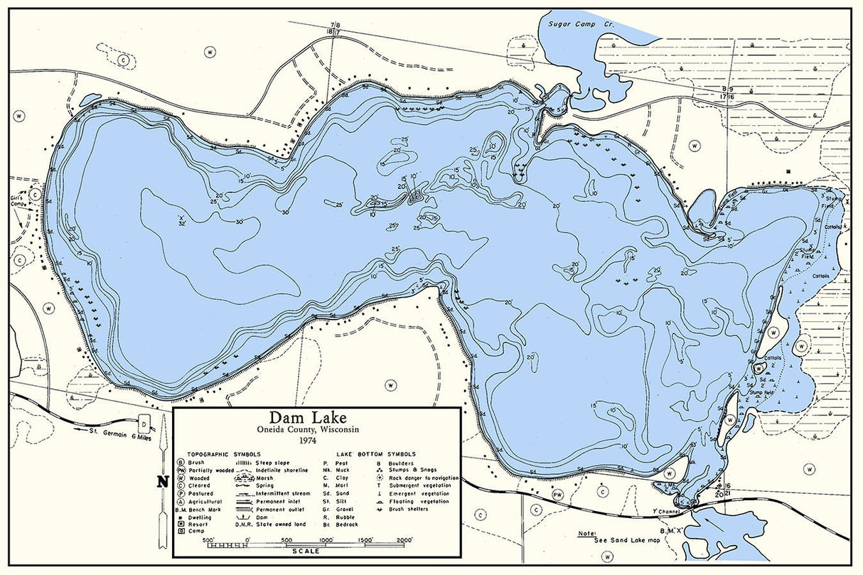 1974 Map of Dam Lake Oneida County Wisconsin