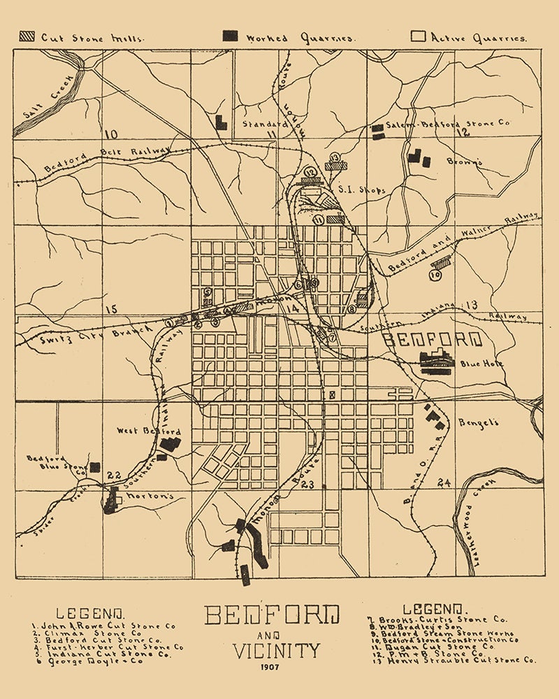 1907 Town Map of Bedford Lawrence County Indiana