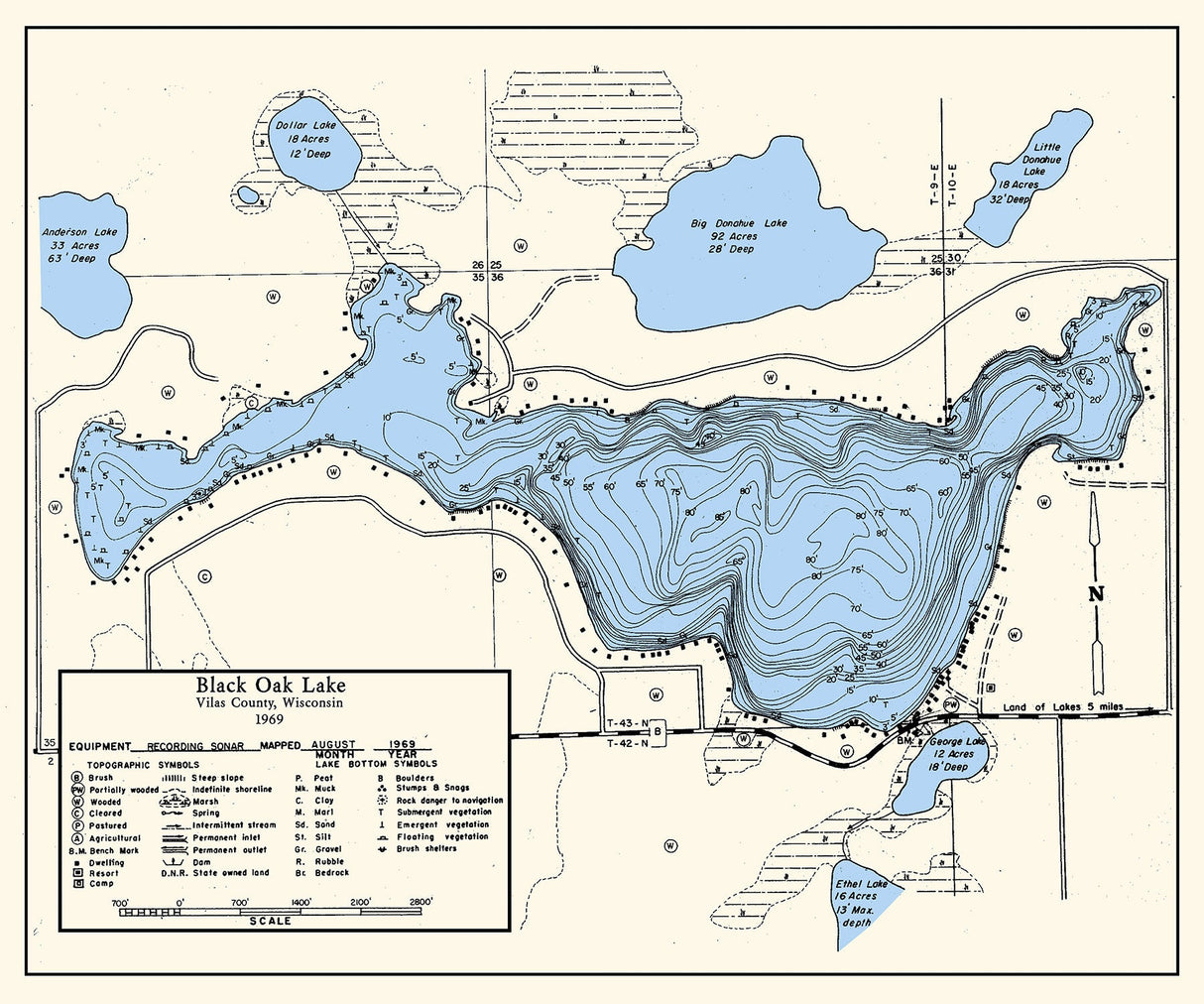 1969 Map of Black Oak Lake Vilas County Wisconsin