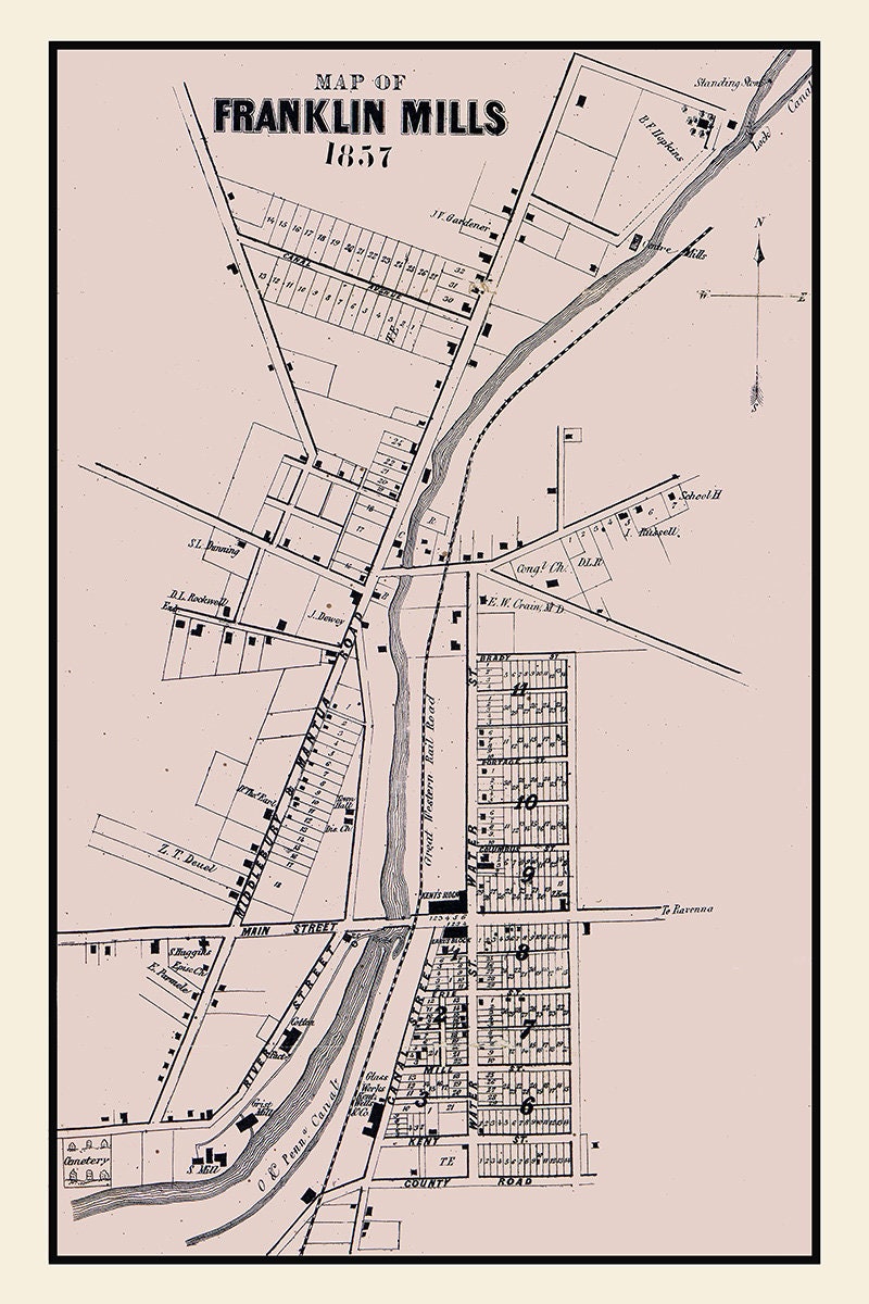 1857 Town Map of Franklin Mills Portage County Ohio