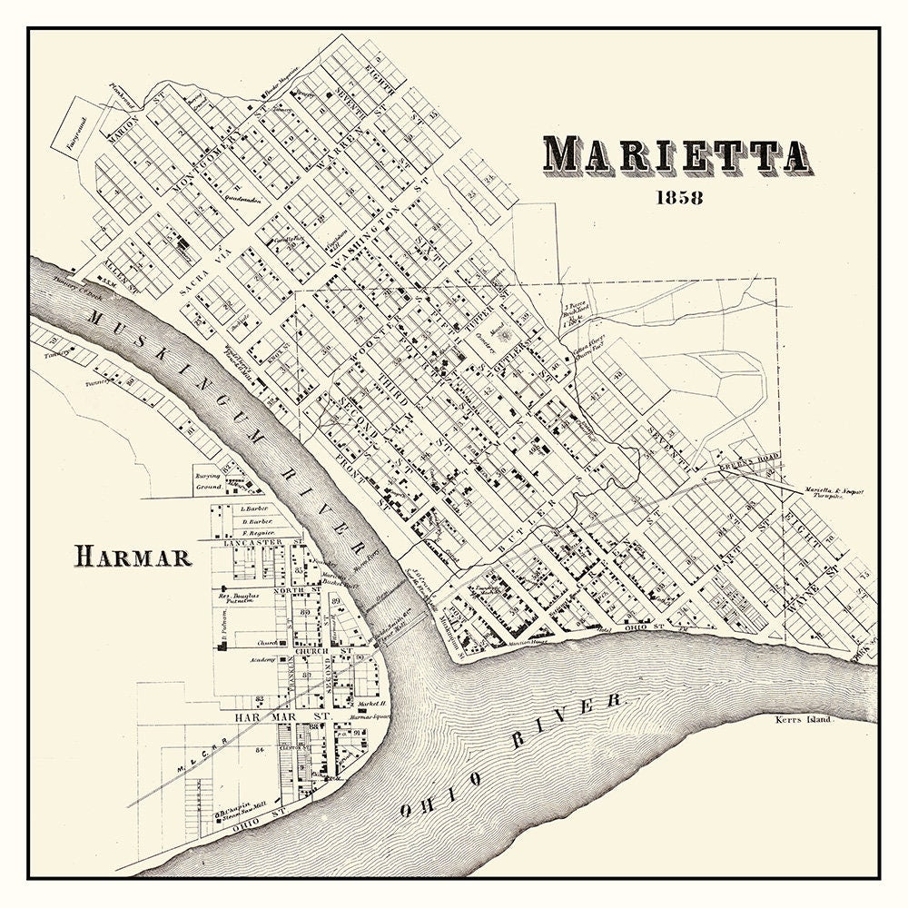 1858 Town Map of Marietta Washington County Ohio