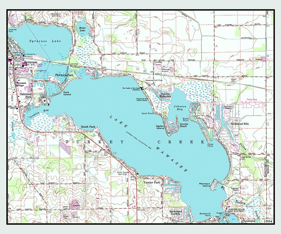 1994 Map of Lake Wawasee Kosciusko County Indiana