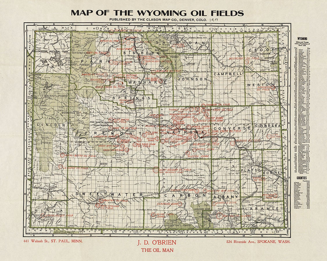 1917 Map of The Wyoming Oil Fields