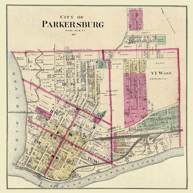 1877 Map of Parkersburg Wood County West Virginia