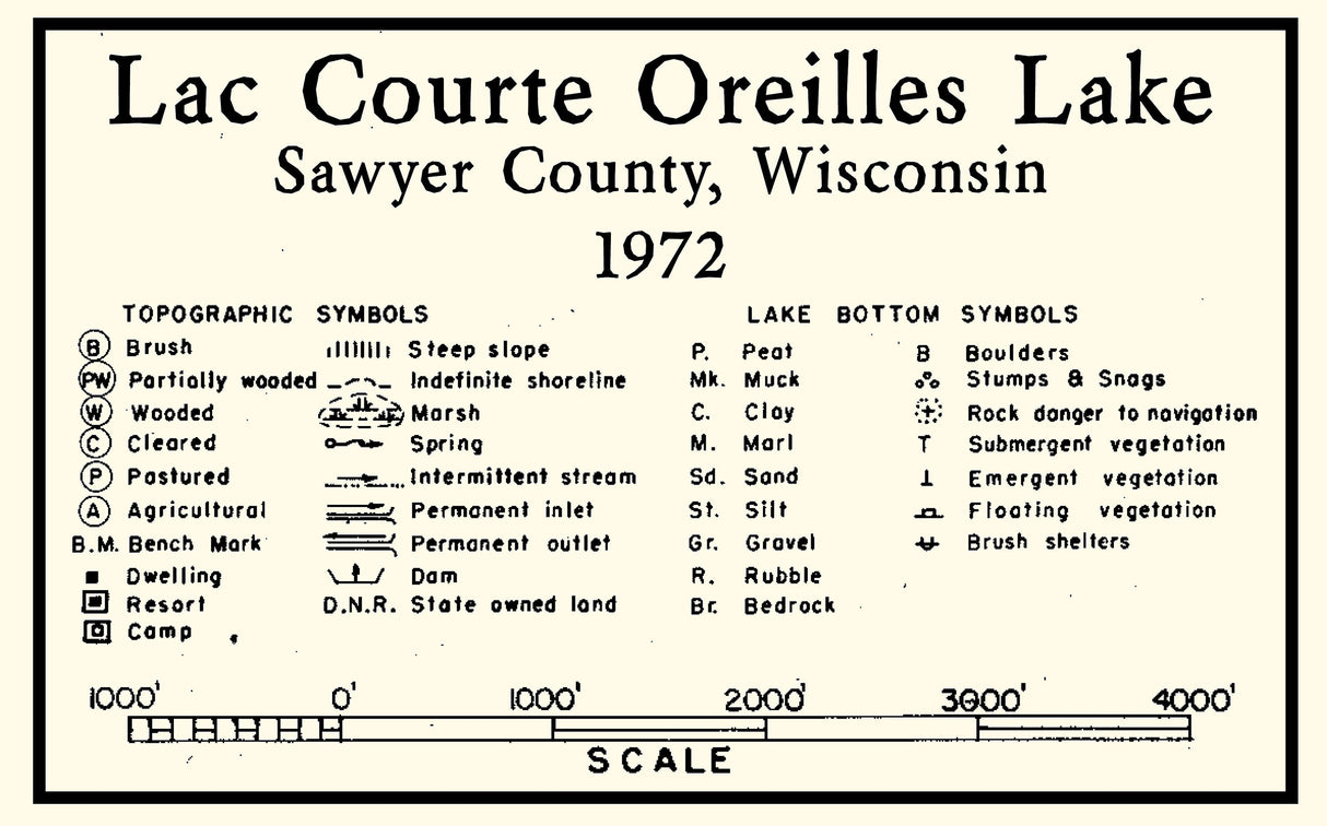 1972 Map of Lac Courte Oreilles Lake Sawyer County Wisconsin