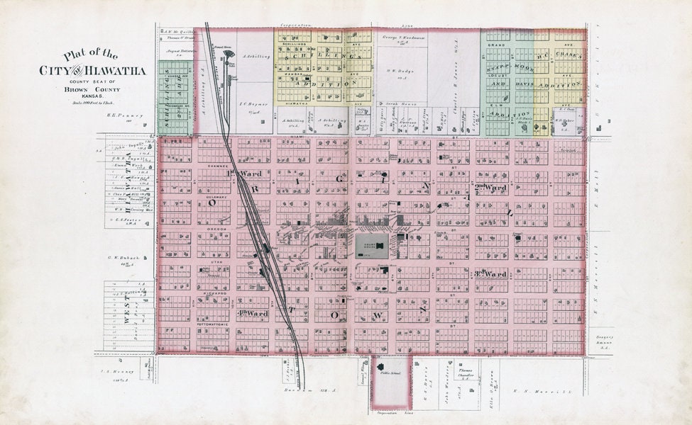 1887 Map of the City of Hiawatha Brown County Kansas