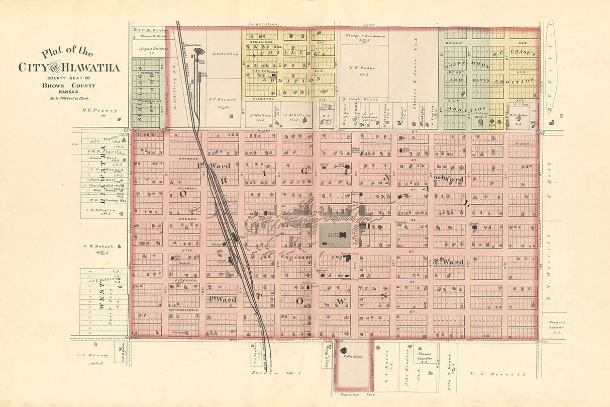 1887 Town Map of Hiawatha Brown County Kansas