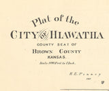 1887 Town Map of Hiawatha Brown County Kansas