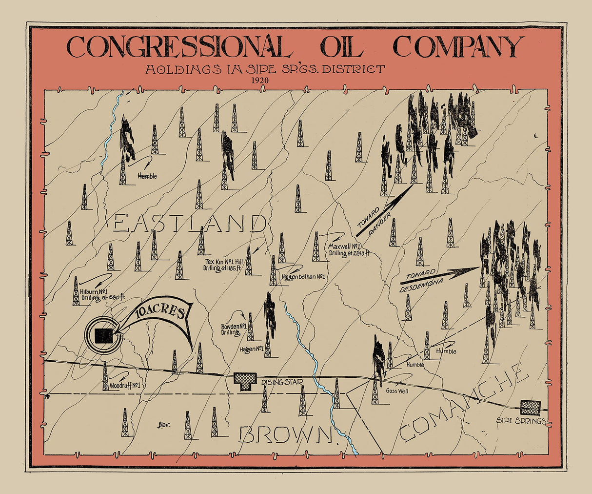 1920 Oil Field Map of Sipe Springs District Comanche and Eastland County Texas