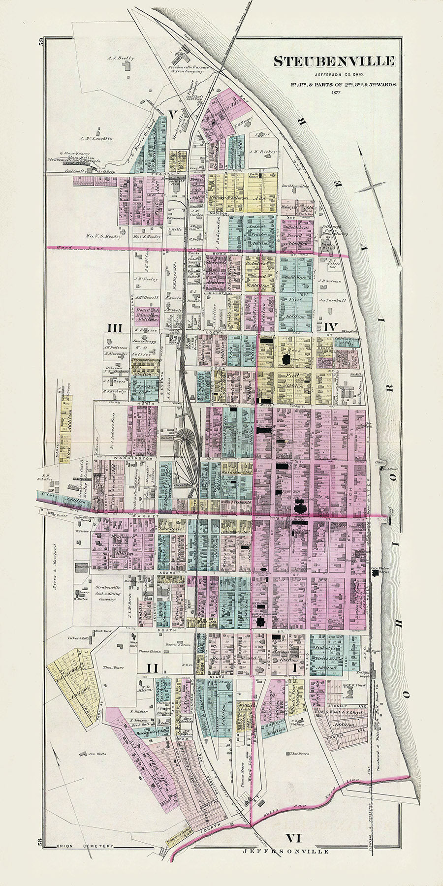 1877 Map of Steubenville Jefferson County Ohio