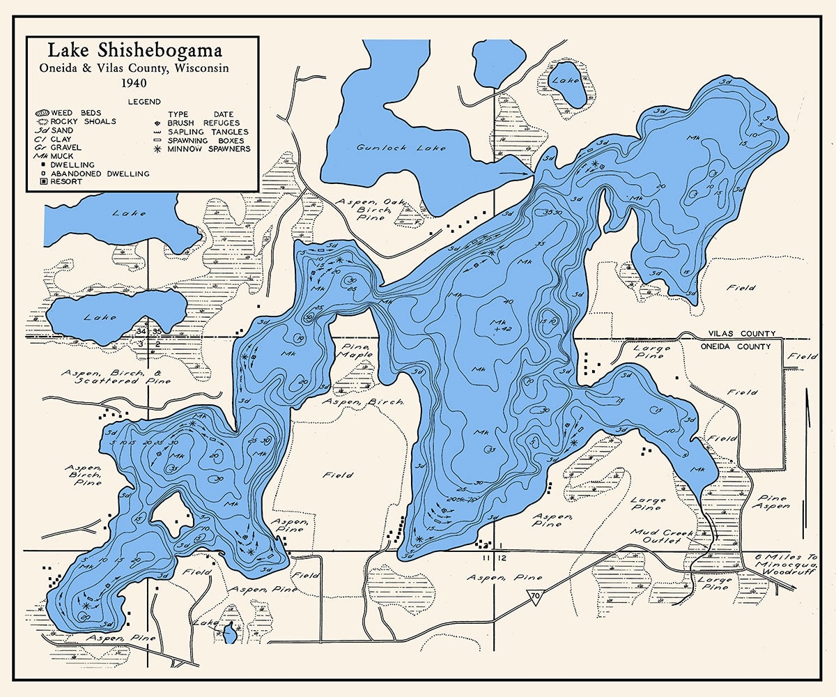 1940 Map of Shishebogama Lake Oneida and Vilas County Wisconsin