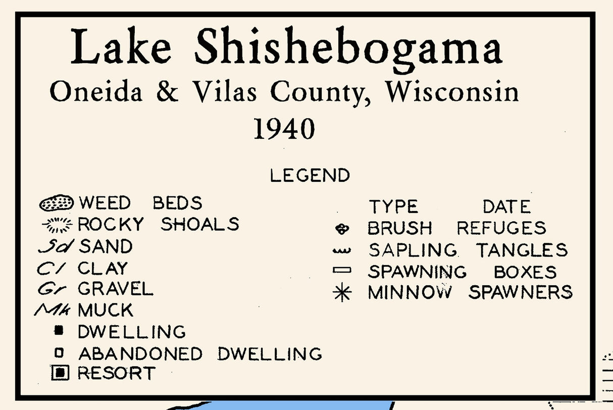 1940 Map of Shishebogama Lake Oneida and Vilas County Wisconsin