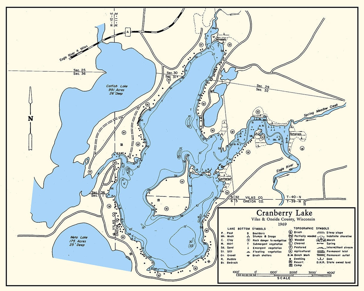 1969 Map of Cranberry Lake Vilas and Oneida County Wisconsin