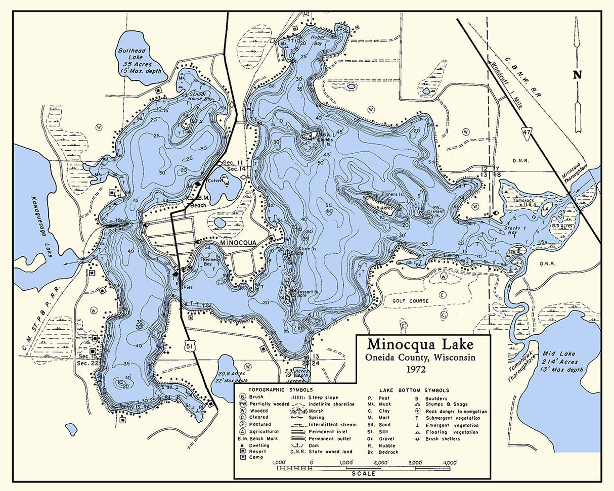 1972 Map of Minocqua Lake Oneida County Wisconsin