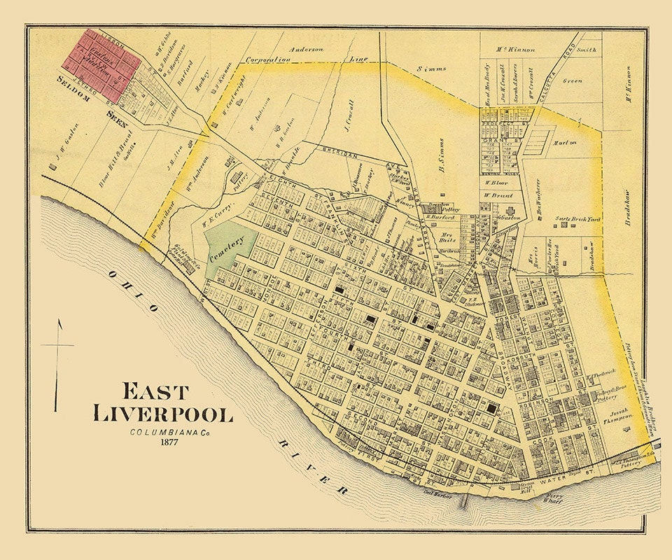 1877 Town Map of East Liverpool Columbiana County Ohio
