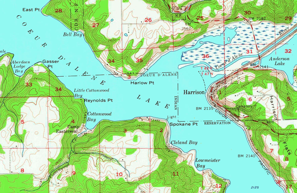1957 Map of Lake Coeur D'Alene Idaho