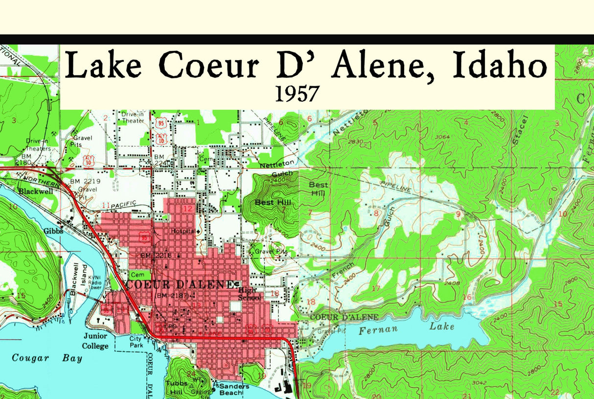1957 Map of Lake Coeur D'Alene Idaho