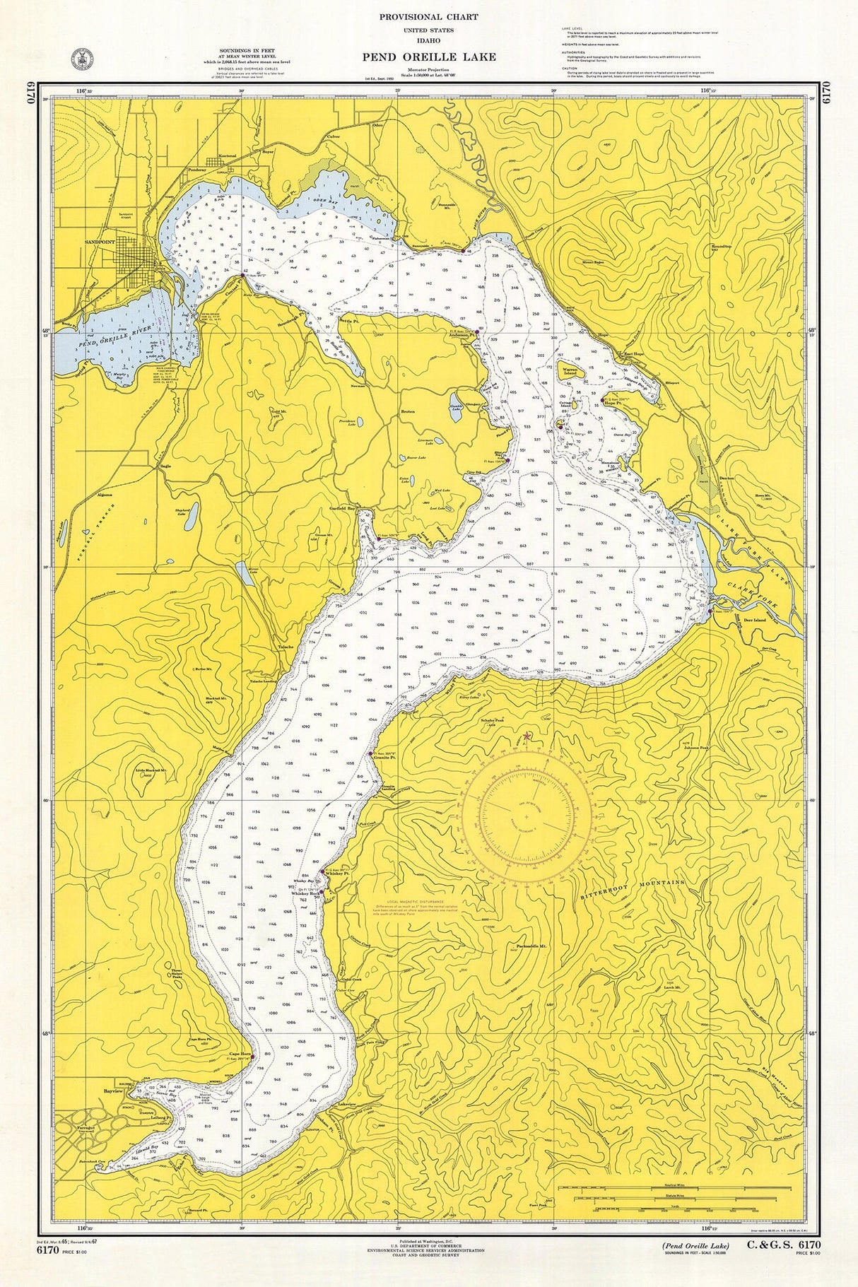 1965 Nautical Chart of Lake Pend Oreille Idaho