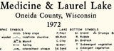 1972 Map of Medicine and Laurel Lakes Oneida County Wisconsin