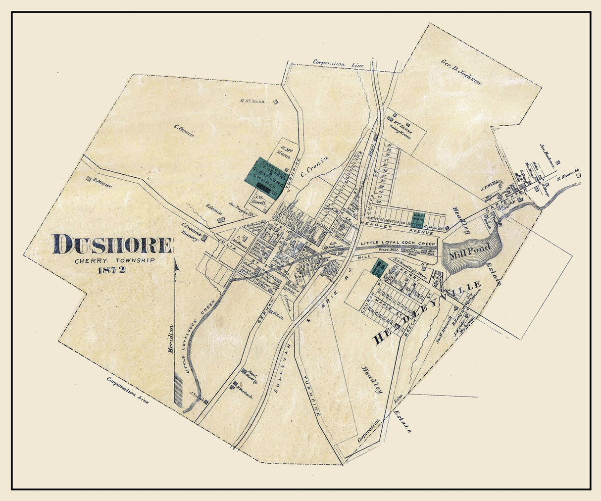 1872 Town Map of Dushore Sullivan County Pennsylvania