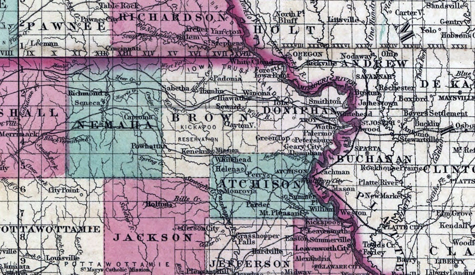 1858 Map of Kansas and Nebraska Showing Railroads Roads and Towns