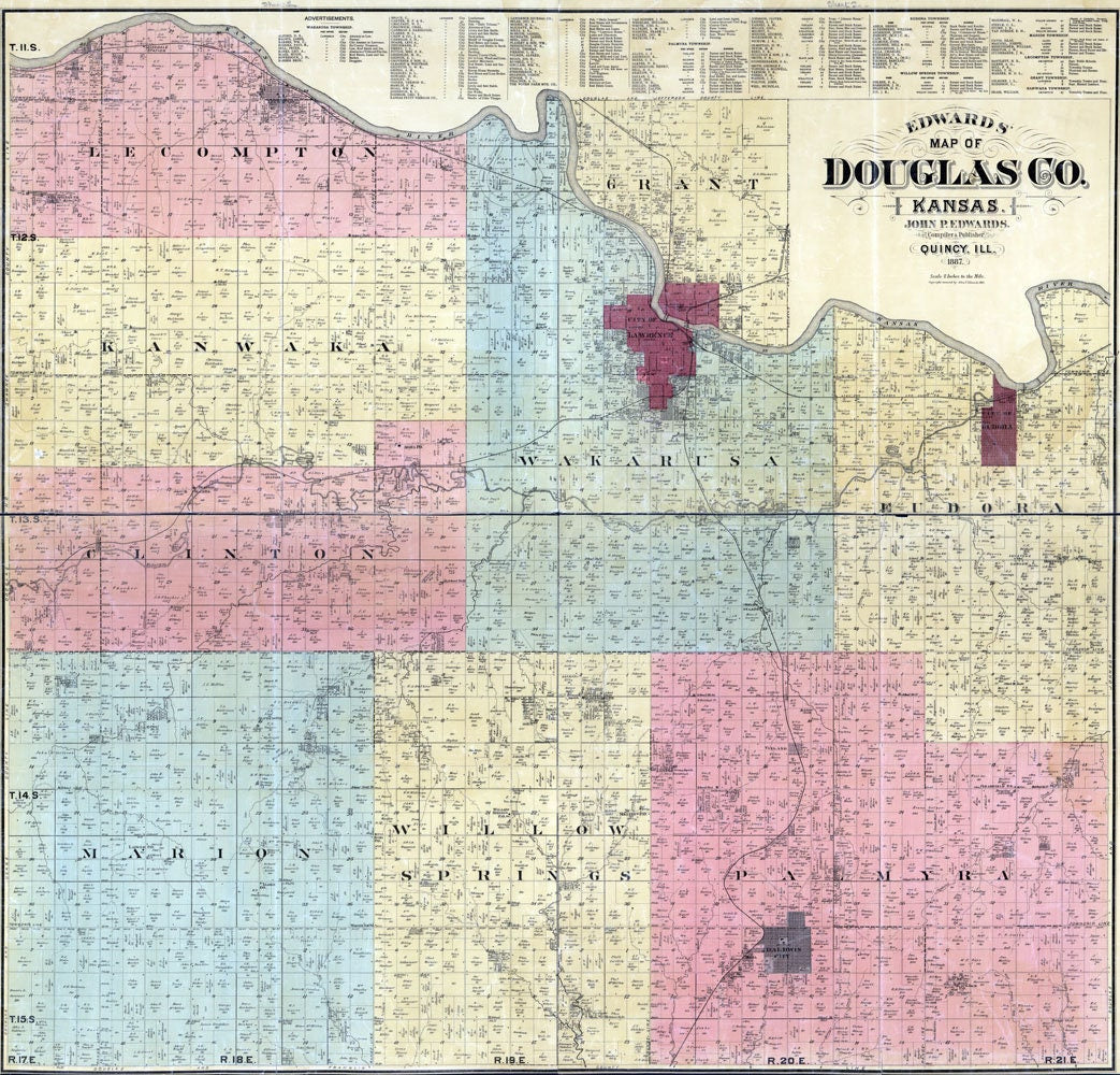 1887 Farm Line Map of Douglas County Kansas