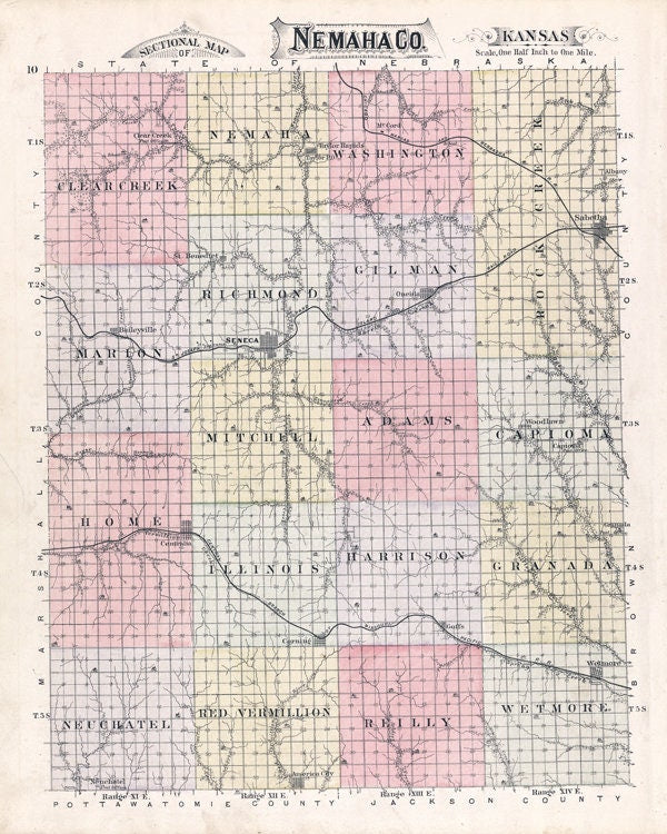 1887 Map of Nemaha County Kansas Seneca Centralia