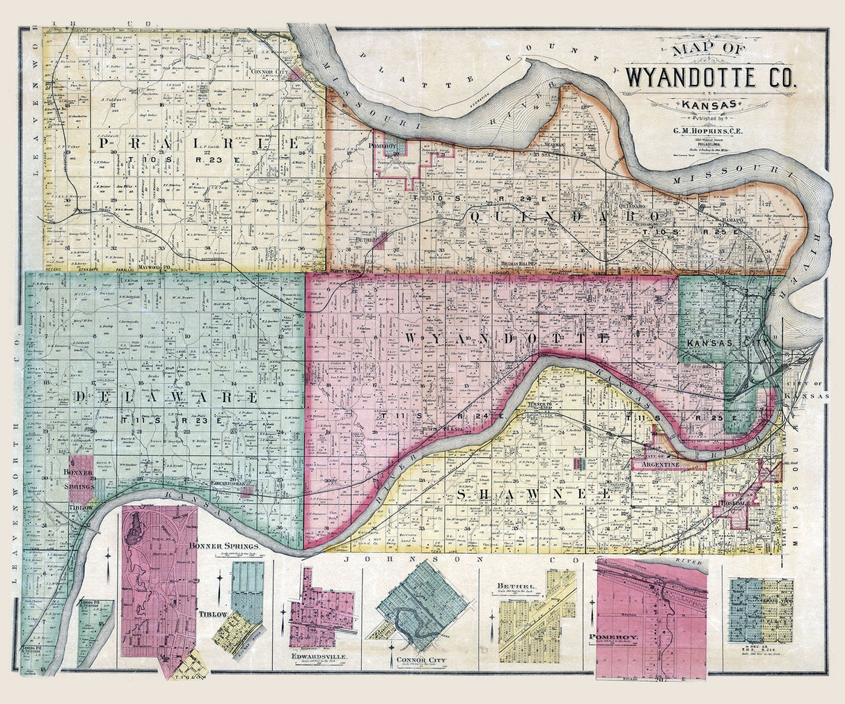 1887 Map of Wyandotte County Kansas Kansas City