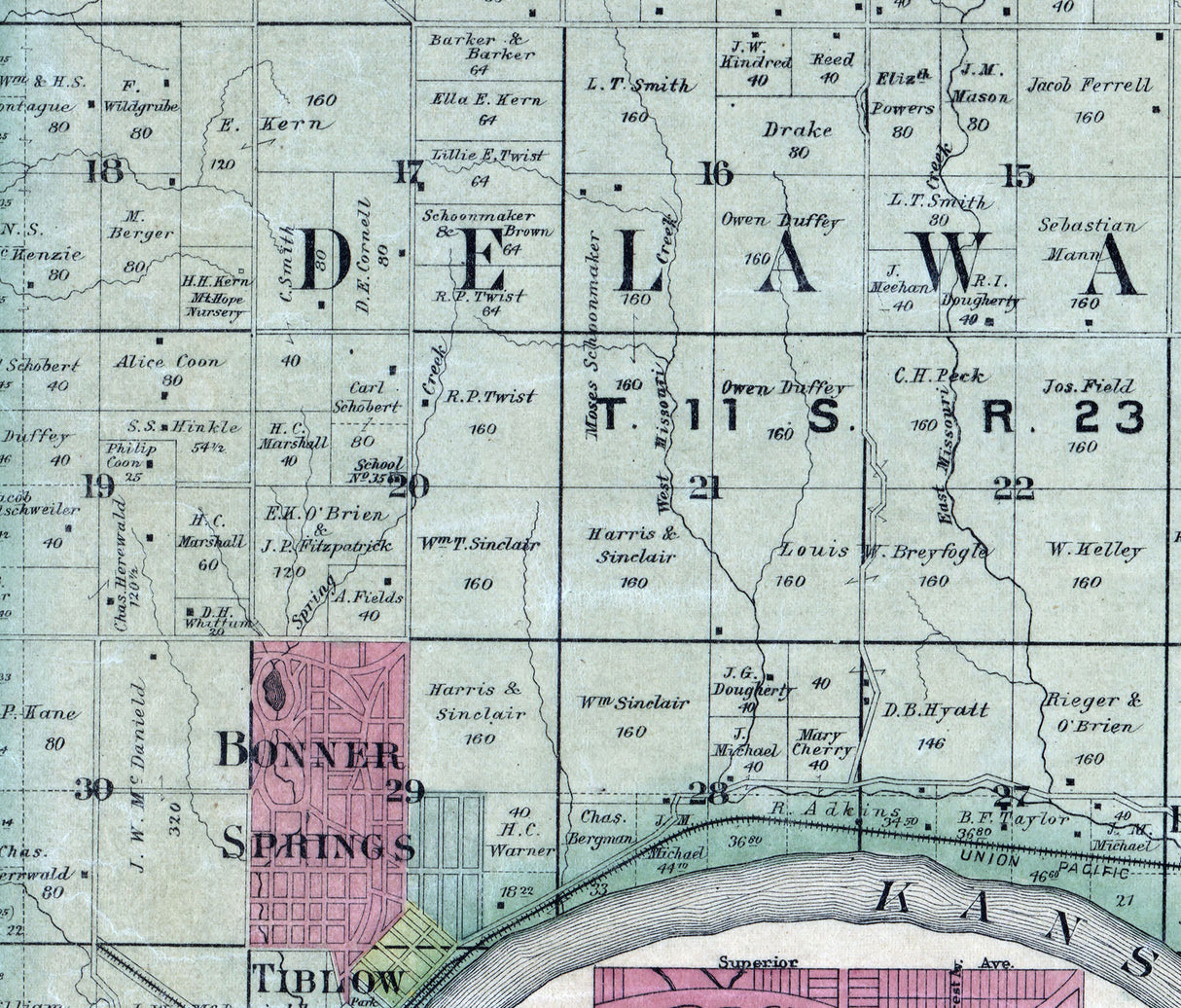 1887 Map of Wyandotte County Kansas Kansas City