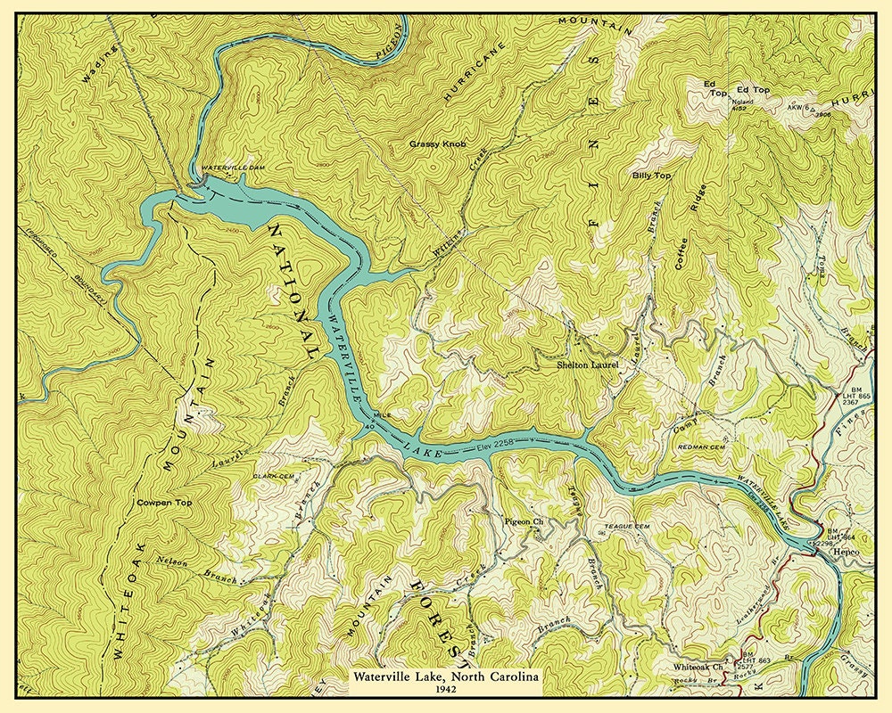 1942 Map of Waterville Lake North Carolina