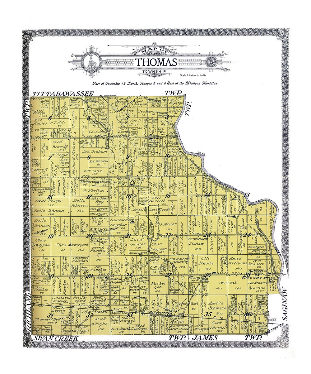 1916 Map of Thomas Township Saginaw County Michigan
