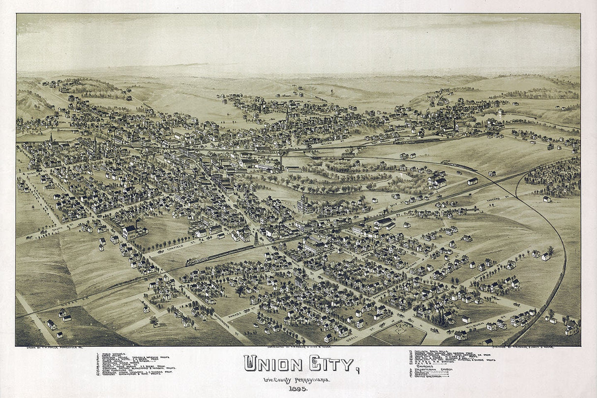 1895 Panoramic Map of Union City Erie County Pennsylvania
